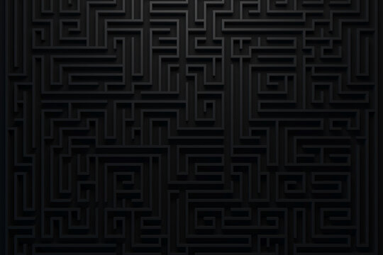 Dark maze top view. Elegant geometric pattern background. Business concept of find right way. 3d render. 3d illustration.