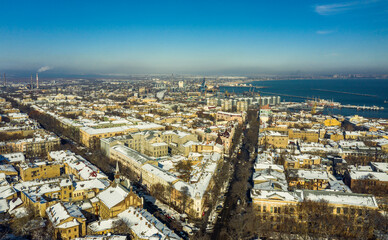 Fototapeta na wymiar Air panorama the center city in Odessa Ukraine. Drone footage, winter time and sunny day