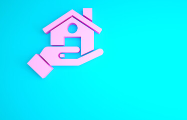 Fototapeta na wymiar Pink Realtor icon isolated on blue background. Buying house. Minimalism concept. 3d illustration 3D render.