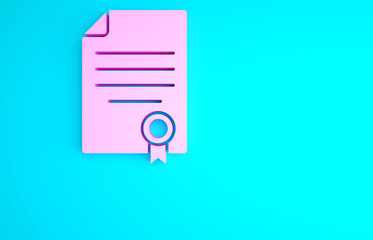Pink House contract icon isolated on blue background. Contract creation service, document formation, application form composition. Minimalism concept. 3d illustration 3D render.