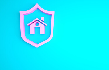 Fototapeta na wymiar Pink House with shield icon isolated on blue background. Insurance concept. Security, safety, protection, protect concept. Minimalism concept. 3d illustration 3D render.