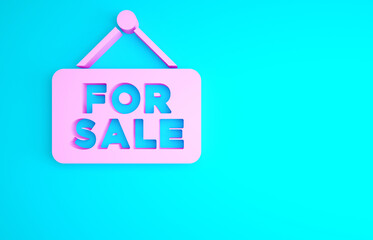 Pink Hanging sign with text For Sale icon isolated on blue background. Signboard with text For Sale. Minimalism concept. 3d illustration 3D render.
