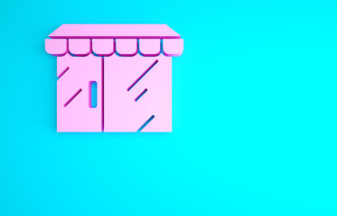 Pink Shopping building or market store icon isolated on blue background. Shop construction. Minimalism concept. 3d illustration 3D render.