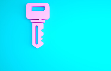 Pink House key icon isolated on blue background. Minimalism concept. 3d illustration 3D render.