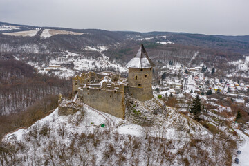 Fototapeta na wymiar Slovakia - Somosko Castle in winter time with snowy from drone view