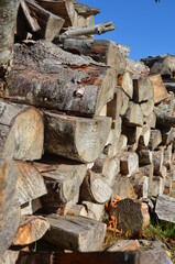 Close up of cut and stacked wood pile, stored for use during the cold winter months.