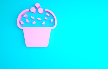 Pink Cake icon isolated on blue background. Happy Birthday. Minimalism concept. 3d illustration 3D render.