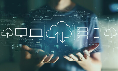 Cloud computing with young man in the night