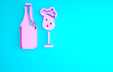 Pink Beer bottle and glass icon isolated on blue background. Alcohol Drink symbol. Minimalism concept. 3d illustration 3D render.