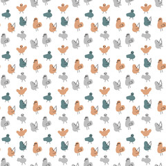 Vector seamless pattern of cheerful birds in pastel color. Flat scandinavian design for package, wrapper, cover, wallpaper, print. Trendy color simple illustration of birds in different poses.