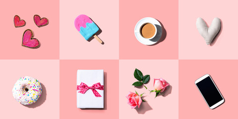 Fototapeta na wymiar Appreciation theme with roses, smartphone, coffee, and gift box - flatlay