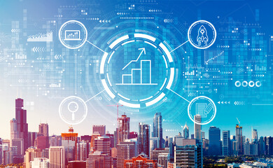 Business growth analysis with downtown Chicago cityscape skyscrapers