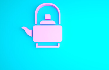 Pink Kettle with handle icon isolated on blue background. Teapot icon. Minimalism concept. 3d illustration 3D render.