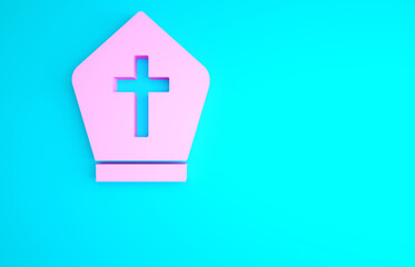 Pink Pope hat icon isolated on blue background. Christian hat sign. Minimalism concept. 3d illustration 3D render.