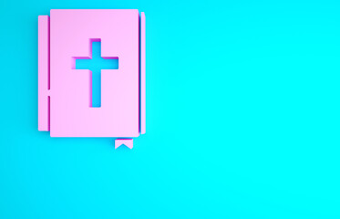 Fototapeta premium Pink Holy bible book icon isolated on blue background. Minimalism concept. 3d illustration 3D render.