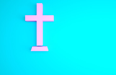 Pink Christian cross icon isolated on blue background. Church cross. Minimalism concept. 3d illustration 3D render.