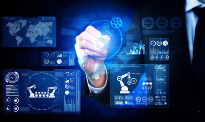 Engineering technology and industry 4.0 smart factory concept with icon graphic showing automation system by using robots and automated machinery controlled via internet network .