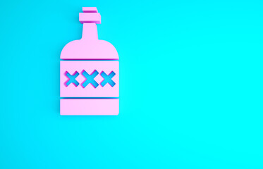 Pink Tequila bottle icon isolated on blue background. Mexican alcohol drink. Minimalism concept. 3d illustration 3D render.