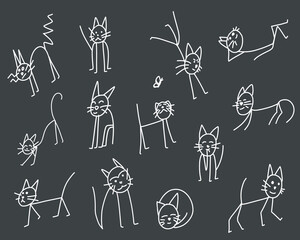 Isolated hand drawn cat sitting, standing, stretching, liying, sleeping. Flat scandinavian illustration set of cats  in different poses. Doodle design. Simple contour graphics.