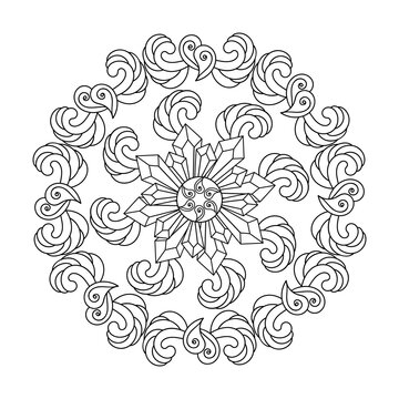 Coloring book. Monochrome Contour Mandala with crystals and ornate pattern. Hand drawn vector illustration
