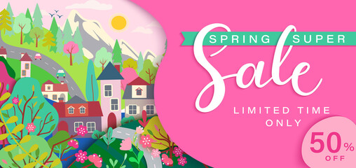 Spring sale card with springtime landscape: trees, flowers, houses, mountain.Big discounts in new season with panoramic of countryside. Banner, poster, card, flyer with clearance.Vector illustration.