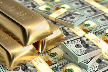 Gold bar and 100 Dollar banknotes - 3D Rendering
