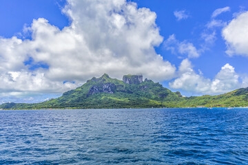 Tranquil tropical landscape: Island of Bora Bora in French Polynesia surrounded by a turquoise...
