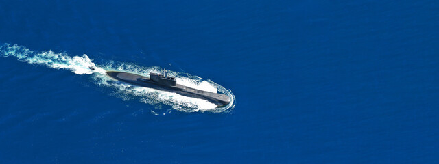 Aerial drone ultra wide panoramic photo of latest technology armed diesel powered submarine...