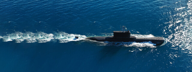 Aerial drone ultra wide panoramic photo of latest technology armed diesel powered submarine...