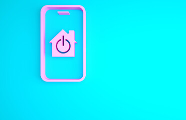 Pink Mobile phone with smart home icon isolated on blue background. Remote control. Minimalism concept. 3d illustration 3D render.