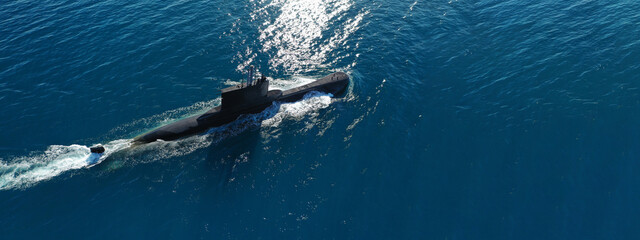 Aerial drone ultra wide panoramic photo of latest technology navy armed diesel powered submarine...