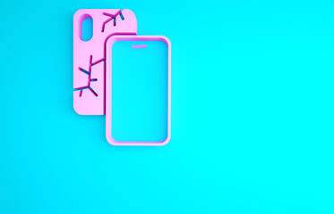 Pink Smartphone with broken screen icon isolated on blue background. Shattered phone screen icon. Minimalism concept. 3d illustration 3D render.