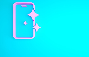 Pink Glass screen protector for smartphone icon isolated on blue background. Protective film for glass. Transparent soft glass for mobile phone. Minimalism concept. 3d illustration 3D render.