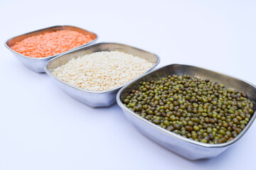 Happy Republic day, Indian republic day themed tricolor Indian flag colors saffron, white and green. Indian flag themed food, indian cuisine dals, pulses lentils arranged