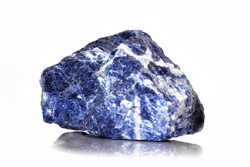 Amazing closeup macro of colorful blue veined sodalite mineral 
stone specimen isolated on white...
