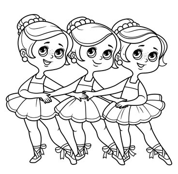 Three cartoon girls ballerinas dancing the dance of little swans outlined for coloring isolated on a white background