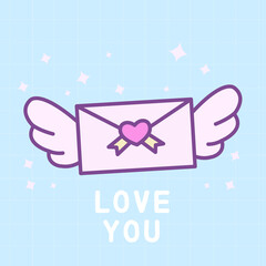 Valentines Day vector Card. Open envelope with wings and heart. Valentine cute Romantic Amour poster with text Love You