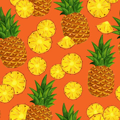 Pineapple watercolor seamless pattern with whole fruit, chunk and slices. Bright exotic fruit repeated background for fabric, textile, background, cover, print design.