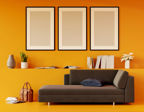 Modern Yellow Living Room With Sofa And Furniture And Group Of Picture Frame On The Wall. 3d Render.