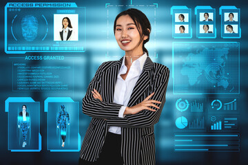 Facial recognition technology scan and detect people face for identification . Future concept interface showing digital biometric security system that analyze human face to verify personal data .