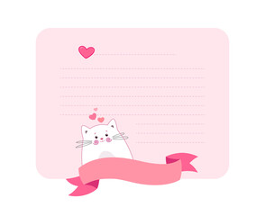 A love letter rectangle shape template. Lovely cute wish list with cat and hearts. Cartoon Kitten Character. Vector illustration. Perfect for greeting card, invitation, note paper with empty space.