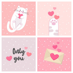 Set of lovely Valentine's day cards. Cute white kitten. Vector illustration. Funny cat with hearts. Good for party decoration, invitation, greeting and gift card. Text: Only You