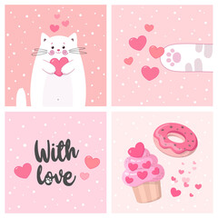 Set of lovely Valentine's day cards. Cute white kitten. Vector illustration. Funny cat with hearts. Good for party decoration, invitation, greeting and gift card. Text: With love 