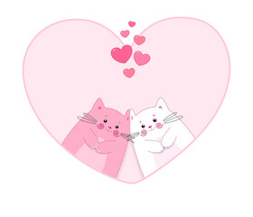 Lovely couple of cute cats. Cartoon characters. Valentine's day theme. Vector illustration. Design good for apparel print, postcard, banner, invitation and greeting card, holiday decoration. 