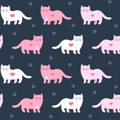 Cute seamless pattern with pretty kittens. Great for baby fabric, textile, wallpaper. Walking cats. Kids cartoon vector background. Saturated colors