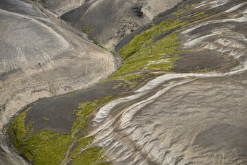 Pumice sand patterns by Næfurholtsfjöll and Sauðafell, close to Volcano Hekla, Central Highlands of Iceland.