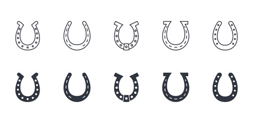 Vector icons horseshoe and symbol of luck. Editable stroke. Linear and silhouettes symbols. Stock illustration on white background