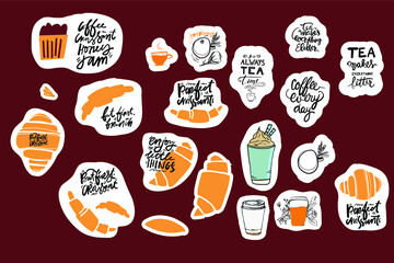Croissant hand lettering stickers for your design: card, cafe, menu. Premium bakery croissants. Never make plans with croissants. They are flaky. Best croissants ever