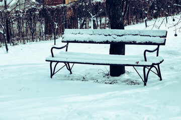Old bench in the snow covered garden.