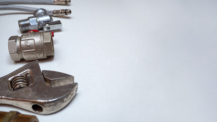 plumbing tools and equipment on white background. Copy space with place for text